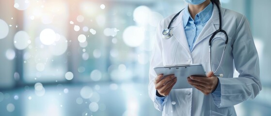 Professional healthcare worker in a white coat holding a tablet, symbolizing modern medicine and technology in a clinical setting.