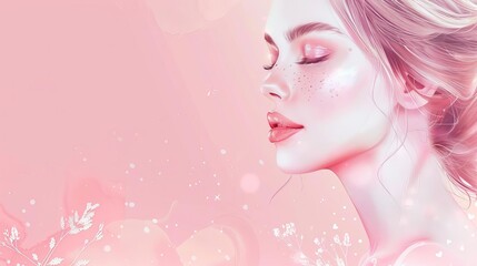 Wall Mural - beautiful girl with glowing skin on pastel background cosmetic beauty salon advertisement banner digital illustration