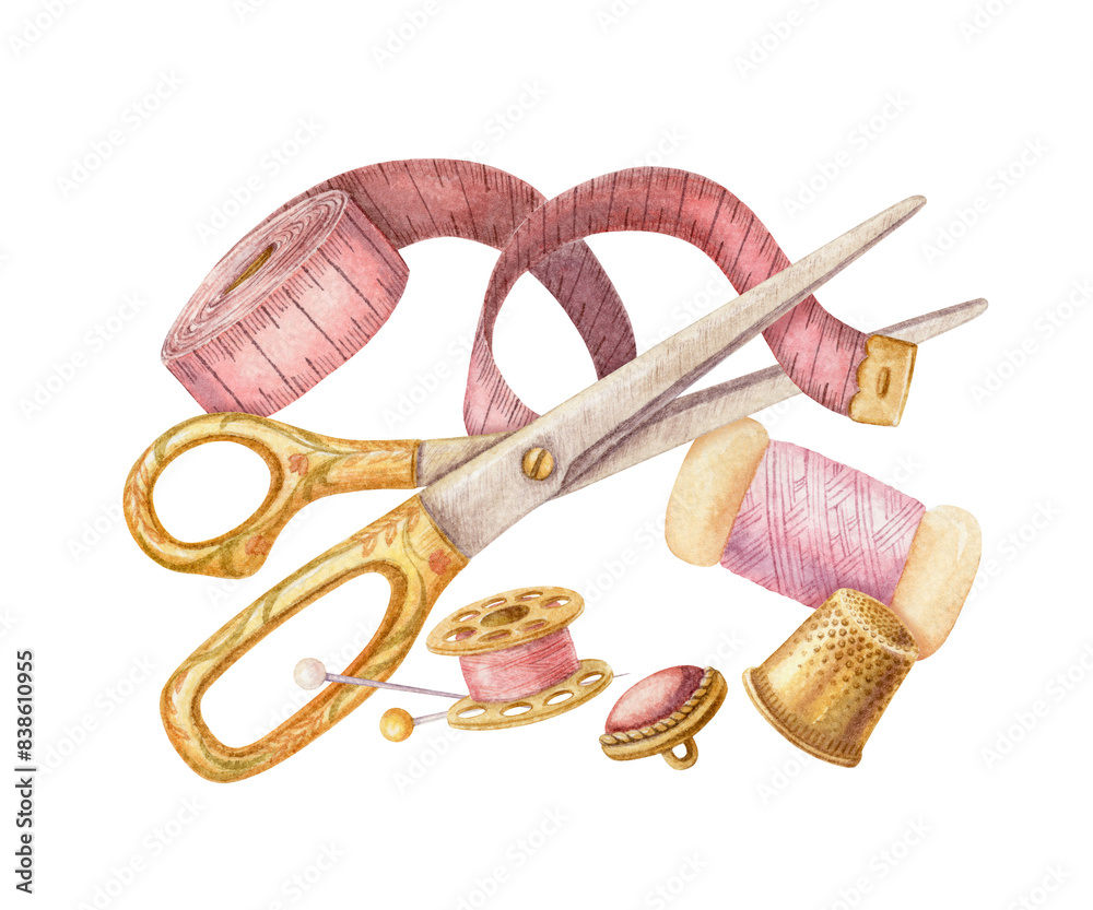 Tailor’s scissors with spool of thread, thimble, pins and measuring ...