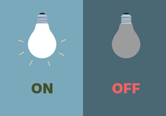 Wall Mural - Opposite adjective antonym words on and off illustration of light bulb explanation flashcard with text label