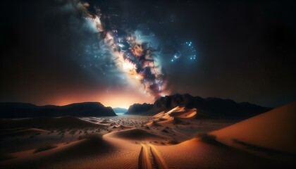 Poster - AI-generated illustration of a desert landscape stretching into the distance under a starry sky