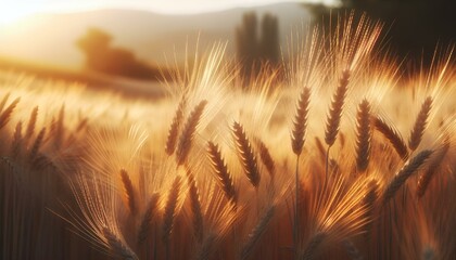 Wall Mural - AI-generated illustration of a wheat field glows in the evening sunlight