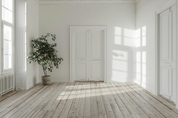 Sticker - The purity of white walls and wooden floors, an interior shot bathed in natural light, minimalist and serene, showcasing the beauty of simplicity and clean lines.