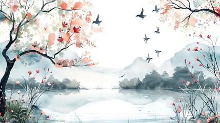 Wall Mural - Beige background, fog, humpback bridge, flowering tree branch, birds. Mural wallpaper. AI generated illustration
