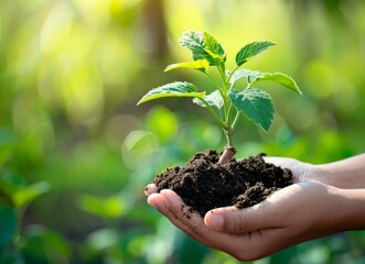 Hands holding a young plant with soil over a green background, ecology concept