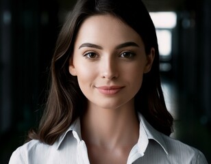 Wall Mural - Close-up portrait of a beautiful young woman with brown hair and light eyes. She is wearing a white shirt and has a soft smile on her face.