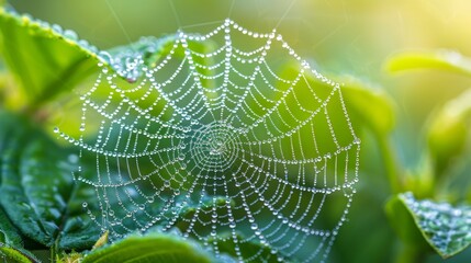 Extreme close-up of dew on a spider web in the morning,