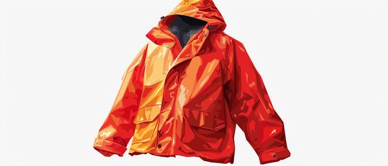 Bright orange rain jacket with hood, perfect for outdoor activities and rainy weather. Lightweight and durable for optimal protection.