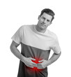 © New Africa - Man suffering from abdominal pain on white background. Black and white effect with red accent