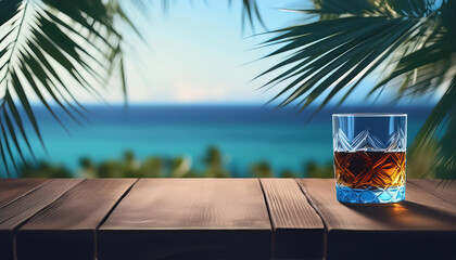 Summer beach relaxation scene featuring a glass of whiskey on a wooden tabletop, set against a tropical beach backdrop with palm leaves. Copy space