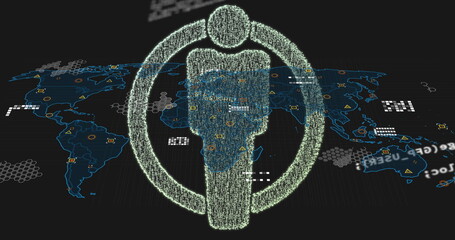 Poster - Image of profile icon over world map and data processing against black background