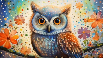 Wall Mural - colorful owl on a tree branch