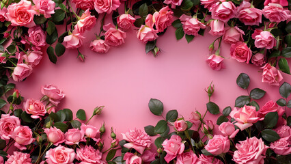 Wall Mural - pink rose frame over wall background