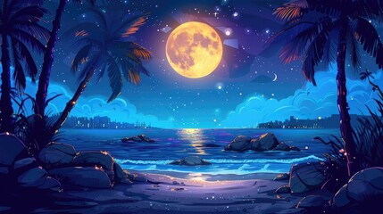 Wall Mural - Beautiful night landscape with a full moon and palm trees on the beach, fantasy world background