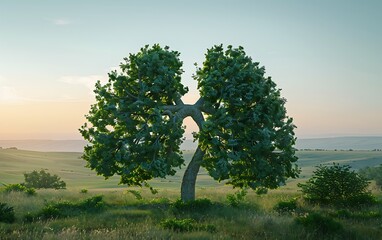 Aufkleber - Realistic photo of a unique tree shaped like lungs in an open grassy landscape, emphasizing the importance of clean air and healthy lungs under a gradient sky