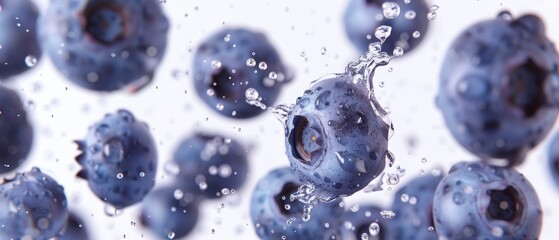 Fresh blueberries in water with droplets, capturing their vibrant color and freshness. Perfect for dietary and health-related themes.