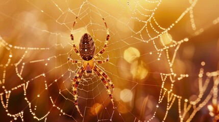 Poster - A garden spider spinning its web in the early morning light, with dewdrops clinging to the delicate strands like glistening jewels
