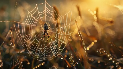 Poster - A garden spider spinning its web in the early morning light, with dewdrops clinging to the delicate strands like glistening jewels