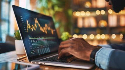 Leinwandbilder - A gold investor studying gold price graphs and market data on a laptop, conducting research and analysis for gold investment strategies