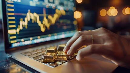 Leinwandbilder - A gold investor studying gold price graphs and market data on a laptop, conducting research and analysis for gold investment strategies