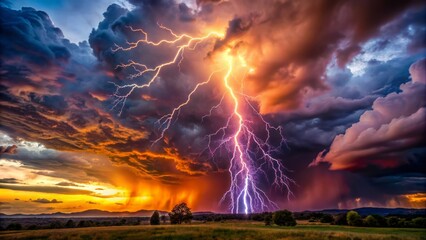 vibrant and ominous, a colossal lightning bolt illuminates a turbulent sky, electrifying the atmosphere with its mesmerizing display of raw energy  