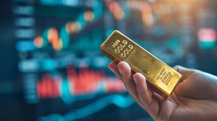 Poster - A hand holding a gold bar with financial charts and graphs in the background, symbolizing the correlation between gold and economic stability.
