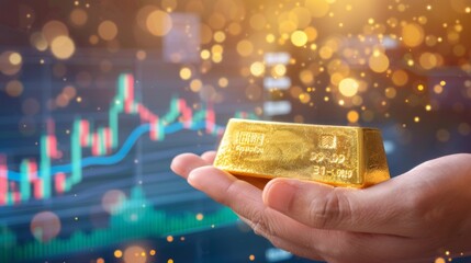 Poster - A hand holding a gold bar with financial charts and graphs in the background, symbolizing the correlation between gold and economic stability.