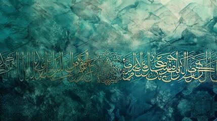 Arabic calligraphy art with golden ink on a teal watercolor background