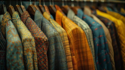 Poster - Vibrant array of patterned shirts displayed on hangers, exemplifying retail and choice