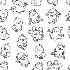 Cute kawaii little chick. Seamless pattern. Coloring Page. Cartoon baby farm birds characters. Hand drawn style. Vector drawing. Design ornaments.