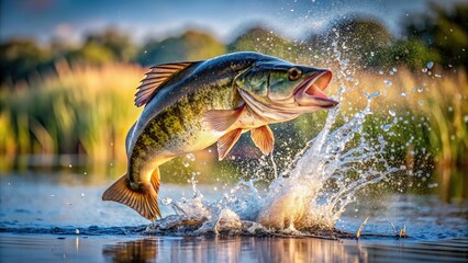 Largemouth bass jumping out of water in a natural and dynamic motion, wildlife, fishing, nature, freshwater, aquatic, action, splash, movement, underwater, outdoors, beauty, predator