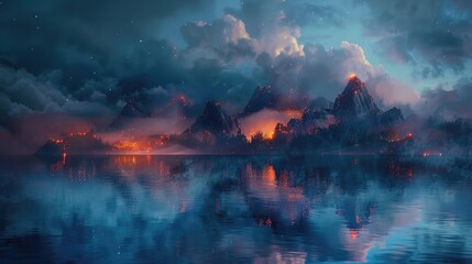 Fantasy night scene with sea landscape. The island in the form of mountains, smoke, fog, reflection in the water. Magical night lanterns light up the landscape. Fairytale landscape
