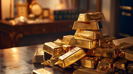 Poster - A pile of gold bars on a banker's desk, symbolizing financial reserves, stability, and the strength of the economy.