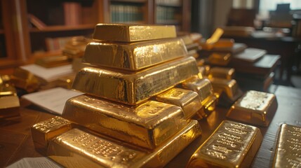 Poster - A pile of gold bars on a banker's desk, symbolizing financial reserves, stability, and the strength of the economy.