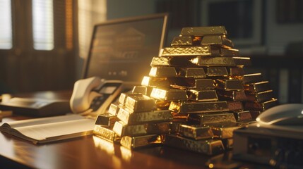 Poster - A pile of gold bars on a banker's desk, symbolizing financial reserves, stability, and the strength of the economy.