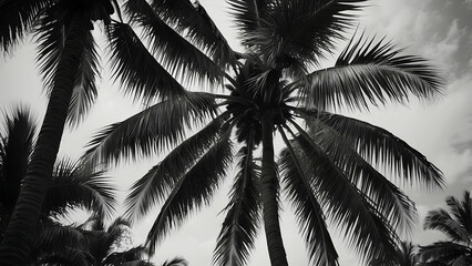 Upward view of palm trees in a monochromatic tone, highlighting their textures and forms