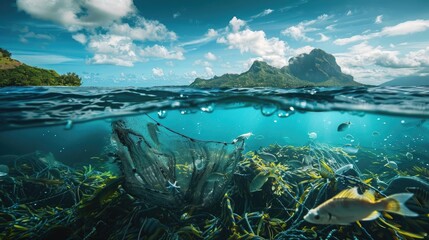 Fish trapped in a net or caught in the gill net under the sea With an island view on both sides of the water sea surface againts the sky Problems of marine waste affecting marine animals