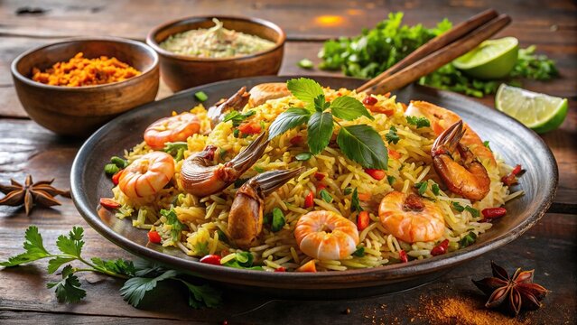 Delicious prawn biryani with aromatic spices and basmati rice , seafood, Indian cuisine, tasty, flavorful, spicy, traditional, dish, meal, shrimp, pilaf, saffron, curry, lunch