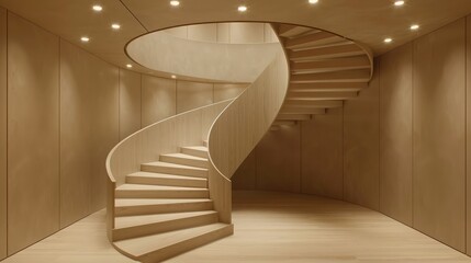 Simple and elegant spiral staircase in light wood with ceiling accent lighting.