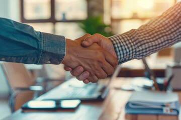 Handshake between two business professionals in a well-furnished office, reflecting a successful negotiation and future cooperation