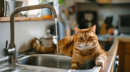 Poster - A rotund cat sitting in a filled sink, watching the water flow from the tap with curiosity in a modern kitchen