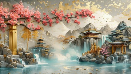 Abstract Japanese nature landscape illustration with waterfalls, temple, river, sakura tree, mixed gold elements, art print, painting 