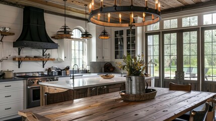 Poster - A rustic chandelier hanging in a farmhouse kitchen, casting a soft and inviting light over a family dinner