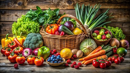 Poster - Fresh fruits and vegetables arranged on a rustic background, healthy, organic, produce, farm, market, natural, nutrition, vibrant, colorful, raw, harvest, agriculture, variety, vegetarian