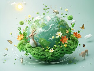 Wall Mural - Enchanting Eco-World: A Serene Illustration of Earth Surrounded by Nature, Featuring Animals, Plants, Flowers, and a Rising Sun