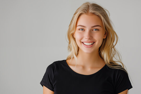 Close up portrait of beautiful young smiling woman against grey background.