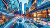 Modern plaza with glass architecture and a Vibrant city backdrop