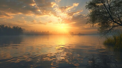 Poster - A tranquil lake scene at sunset, with the sun dipping below the horizon and casting a golden reflection on the water