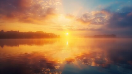 Poster - A tranquil lake scene at sunset, with the sun dipping below the horizon and casting a golden reflection on the water