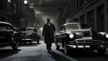 A monochrome scene depicting a man in a fedora hat in a classic noir-style streetscape with vintage cars